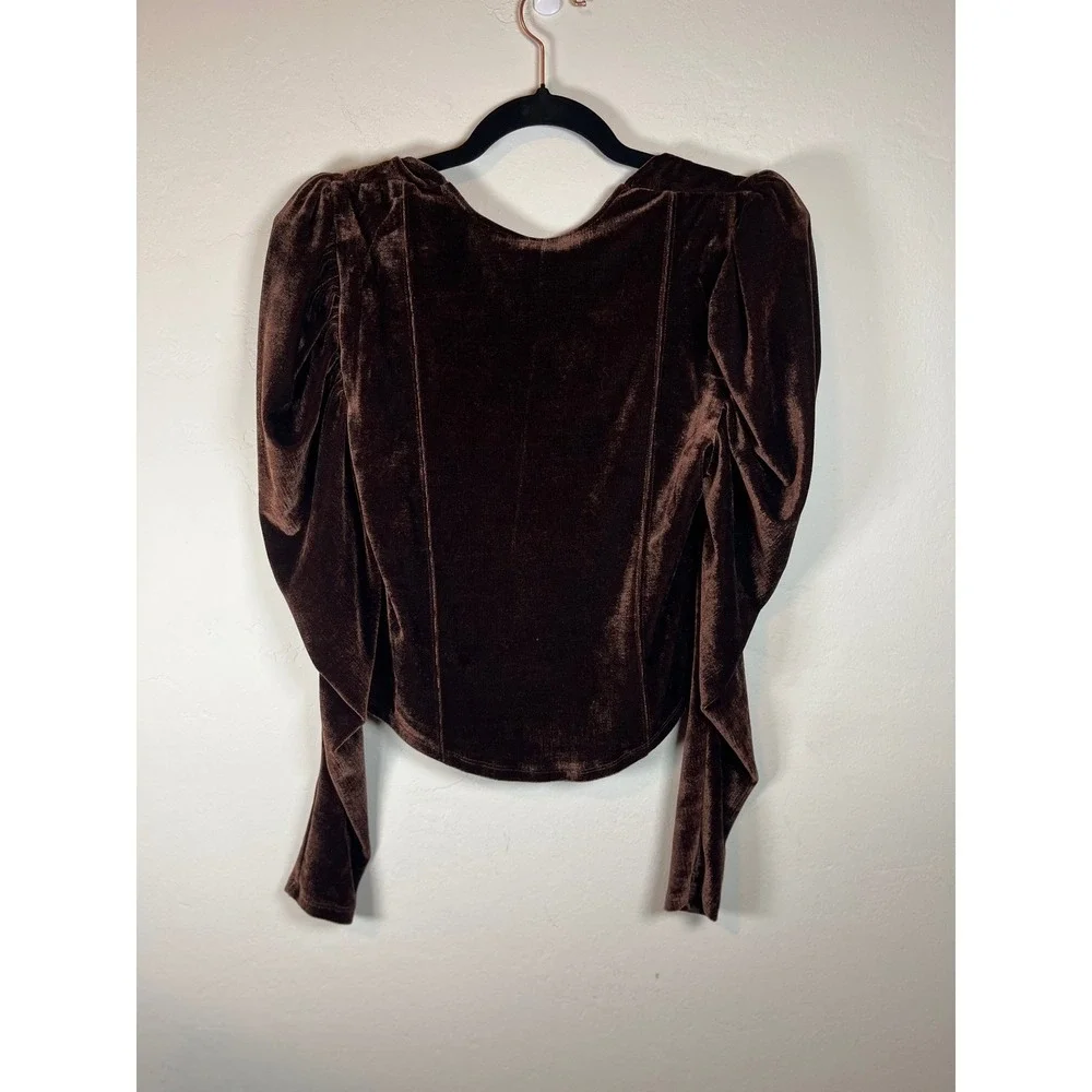 Free People Brown Velvet Puff Sleeve Square Neck Corset Top Women's M